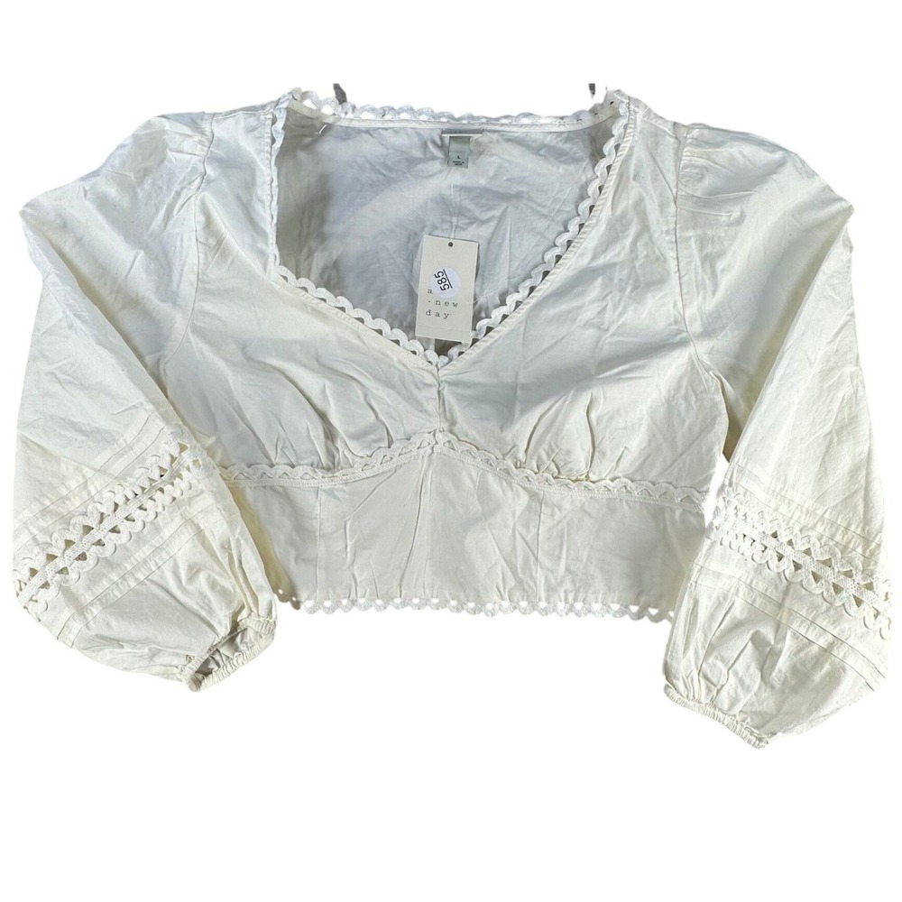 A New Day Eyelet Lace Trim Crop Top V-Neck Puff Sleeve‎ Ivory Large Cotton Women